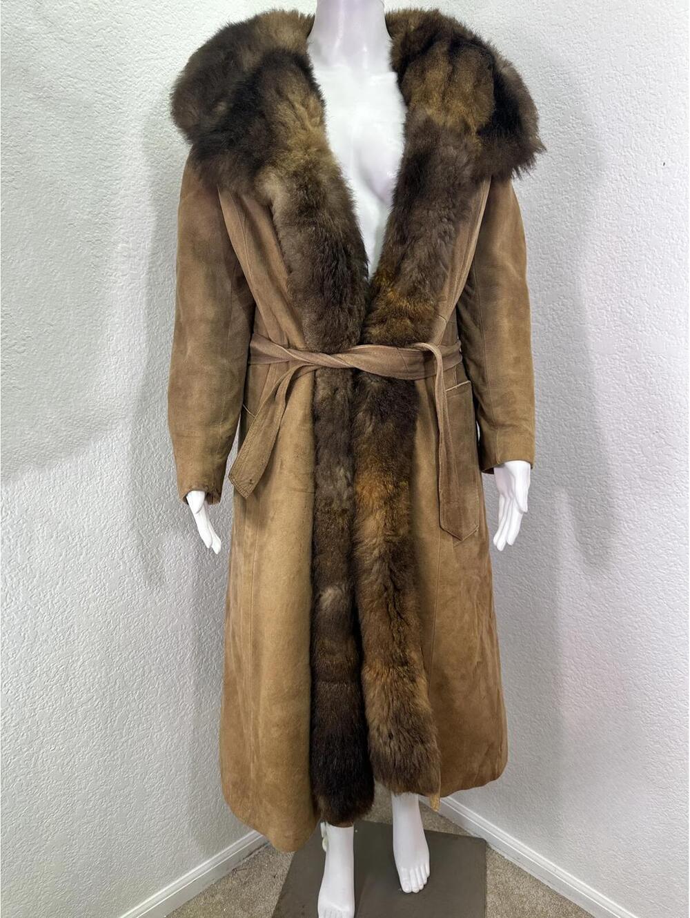 Vtg Women’s M Brown Suede Coat Fur Lined Full Length Boho Penny Lane Super Warm